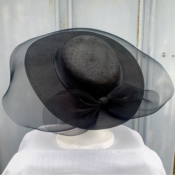 Vintage Black Tilt Hat OS 50s 60s Sonni San Francisco Dior Derby Beetlejuice - Picture 1 of 16
